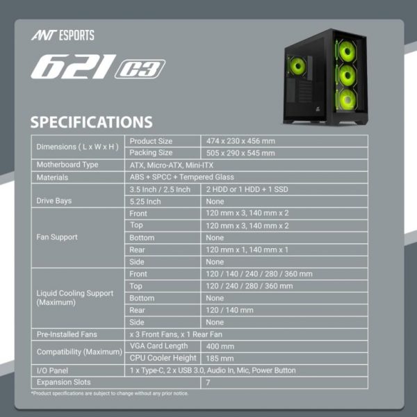 Ant Esports 621 C3 ATX Gaming Cabinet Black With Type-C