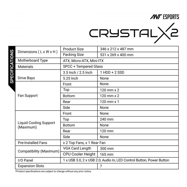 Ant Esports Crystal X2 Argb Mid Tower Atx Cabinet Black - CRYSTAL-X2-ARGB-BLACK