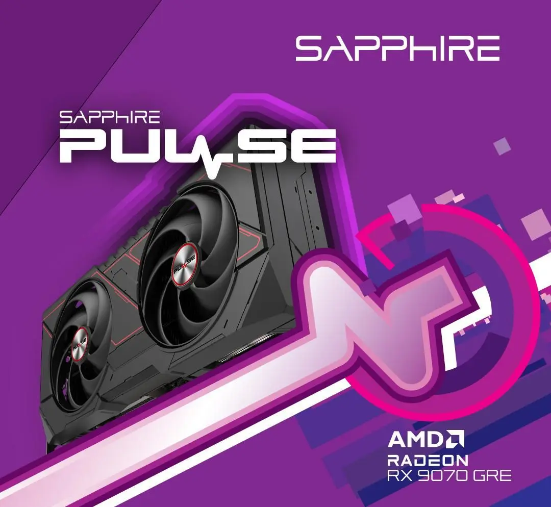 Sapphire Pulse AMD Radeon RX 9070 GRE graphics card on a purple geometric background with branding text.
