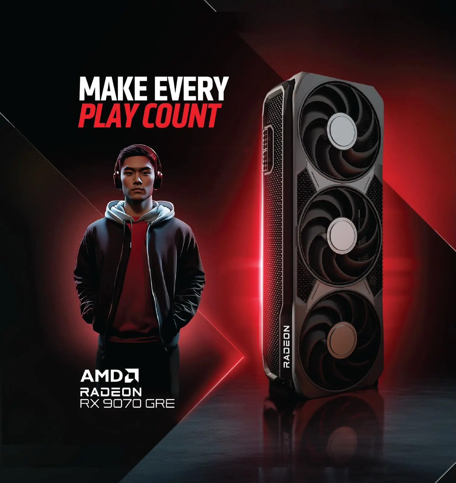Gamer in a hoodie and headset stands beside a large AMD Radeon RX 7900 GRE graphics card on a dark red promotional banner reading 'Make Every Play Count'.