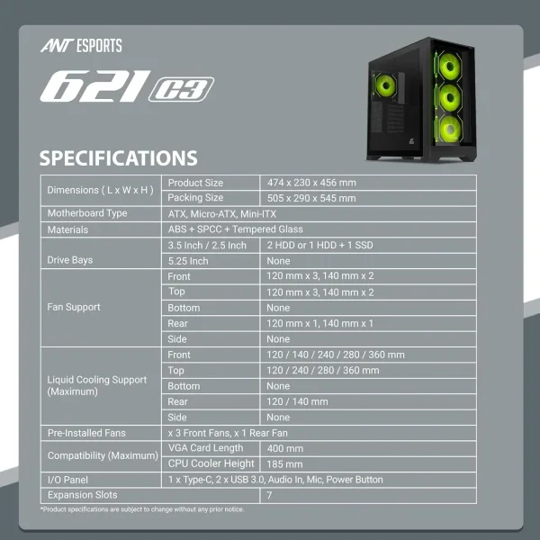 Ant Esports 621 C3 ATX Gaming Cabinet Black With Type-C - Image 3