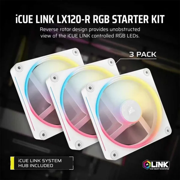 Corsair iCUE LINK LX120-R RGB 120mm PWM Reverse Fans Starter Kit White (CO-9051054-WW) - Image 3