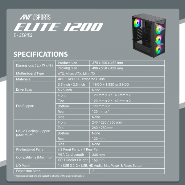 Ant Esports Elite 1200 ATX Gaming Cabinet Black (AESP0319) - Image 2