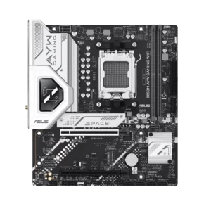 Close-up of a black and white ASUS motherboard showing the CPU socket, RAM slots, PCIe slot, and heatsink area with visible branding.