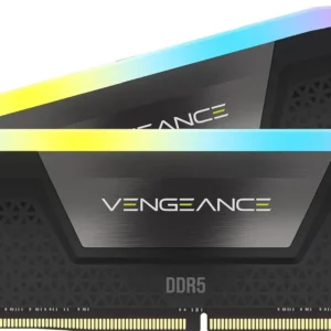 DDR5 RAM module with black heat spreader, rainbow RGB lighting on top, and VENGEANCE branding on the side.