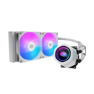 Liquid CPU cooler with a 240mm radiator and two RGB fans, plus a round RGB-lit water block/pump unit