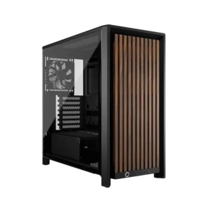 Black mid-tower PC case with a glass side panel and a front featuring vertical wooden slats.