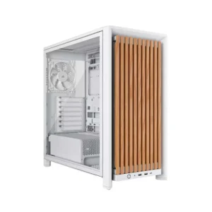 White computer tower with a glass side panel and a front panel of vertical wooden slats.