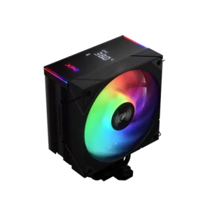 CPU air cooler with a large RGB-lit fan, black heatsink fins, and RGB accents on top, oriented diagonally with a white background.
