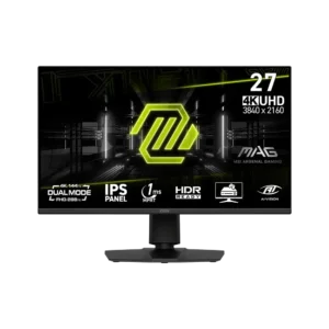 27-inch MSI monitor showing 4K UHD (3840x2160), 27 display, MSI logo, gaming graphics on screen, dark background