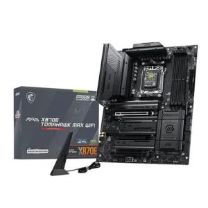 MSI MAG X870E Tomahawk Max WiFi motherboard with CPU socket and RAM installed, shown beside its box and a Wi‑Fi antenna.