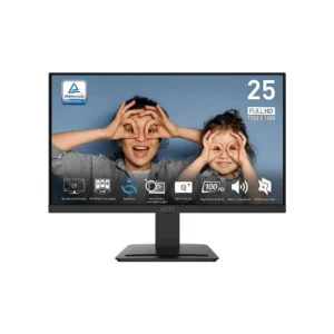 Monitor displaying a photo of two children making glasses with their hands over their eyes, with icons along the bottom edge (advertising image).