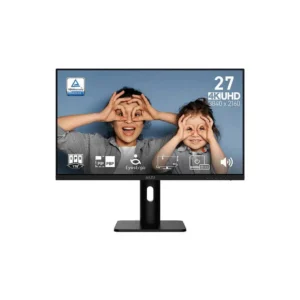 27-inch 4K UHD monitor on a black stand displaying a photo of two kids making fun goggles with their hands