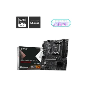 MSI Pro B850M-E EVO motherboard with BIOS and Lightning Gen5 logos above, and a neon 'Ready for AI PC' badge nearby.