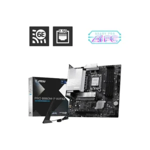 MSI Pro B860M-P WiFi 6E motherboard with antennas and packaging visible