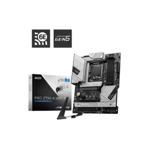 MSI Pro Z790-A WIFI II motherboard with wireless antenna and box display
