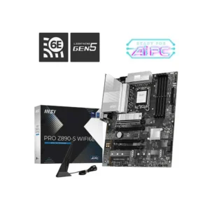MSI Pro Z890-S WiFi 6 motherboard with wireless antenna, shown with its box and an 'AI PC Ready' sign above.