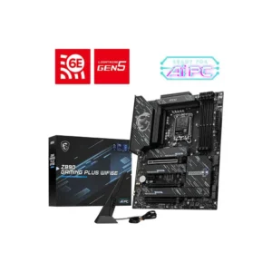 MSI Z390 Gaming Plus WiFi motherboard with wireless antenna and boxed accessory shown; 6E and Gen5 logos above.