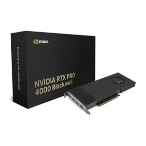 NVIDIA RTX Pro 4000 Blackwell graphics card beside its black box in an angled view