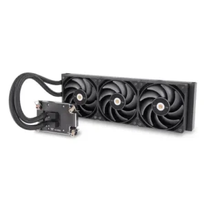 Triple-fan all-in-one liquid CPU cooler with a radiator and a separate water block connected by thick hoses