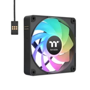 RGB PC case fan with black frame and rainbow LED blades, connected to a control cable