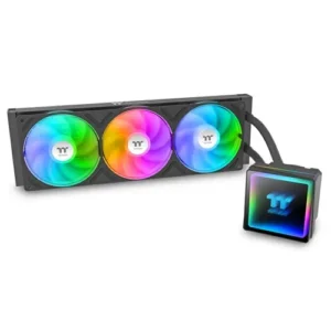 Thermaltake 360mm RGB liquid CPU cooler with three illuminated fans and a square RGB pump block with tubing