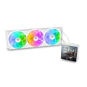 White AIO CPU liquid cooler with three RGB fans and a small display module showing readings.