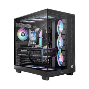 Mid-tower gaming PC with a glass side panel, RGB-lit fans, and visible internal components like GPU and liquid cooling.