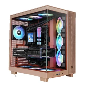 Glass-panel gaming desktop PC with multiple RGB-lit cooling fans and a visible GeForce RTX graphics card inside a beige case.