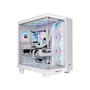 White mid-tower gaming PC with a transparent side panel, RGB-lit fans, and visible components (Radeon GPU and liquid cooling)