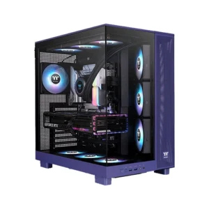 Purple mid-tower gaming PC with a glass side panel, showing RGB fans and a GeForce RTX graphics card inside.