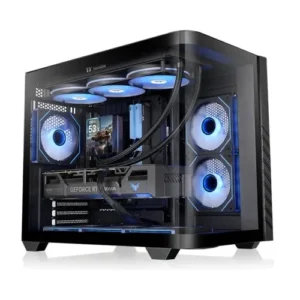 Gaming desktop PC with transparent side panel, blue LED fans, and a visible graphics card.