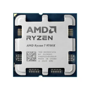 Top view of an AMD Ryzen 7 9700X processor with its metal heat spreader and branding visible