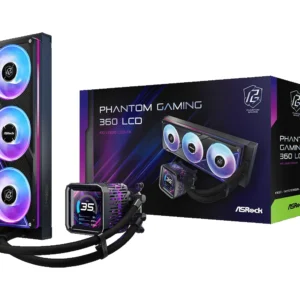 ASRock Phantom Gaming 360 LCD liquid cooling kit with three RGB fans and CPU block, shown with its box.
