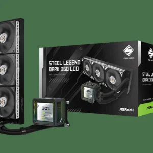 ASRock Steel Legend Dark 360 LCD all-in-one liquid CPU cooler with 360mm radiator, three fans, and LCD pump block on a green background