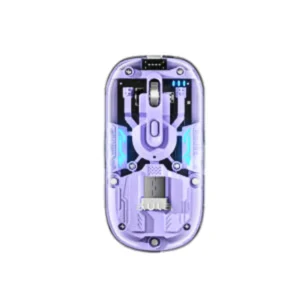 Back view of a purple futuristic handheld toy with exposed internal components and blue LED accents