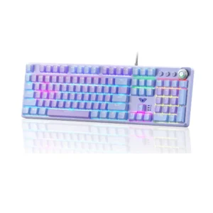 Full-size purple mechanical keyboard with multicolor RGB backlighting on a white reflective surface, showing a USB cable.