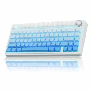 White mechanical keyboard with blue backlighting and a large round dial on the top-right corner.