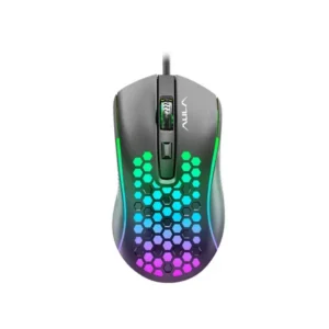 Wired gaming mouse with multicolor RGB hexagon lighting on a dark gray body.