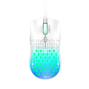 White wired gaming mouse with a honeycomb perforated shell and cyan-to-blue RGB glow.