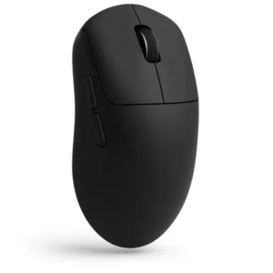 Black wireless computer mouse with two side buttons, shown at an angled side view.