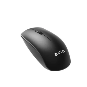 Black wireless mouse shown from an angled top view, with a visible scroll wheel and brand text on the side.