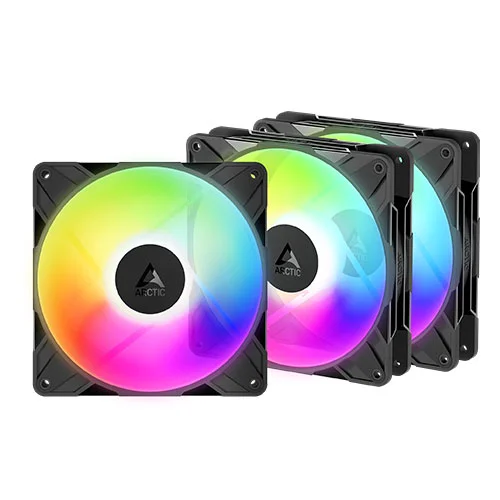 Three RGB computer case fans arranged in a row, glowing with multicolor lighting.
