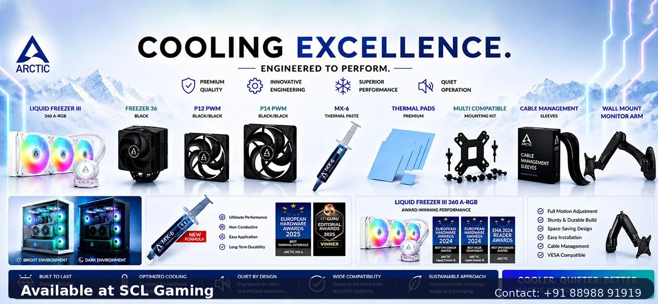 Advertising banner for Arctic cooling products showing fans, heatsinks, thermal paste, cable management, and a monitor arm with the headline 'Cooling Excellence' in a blue icy theme.