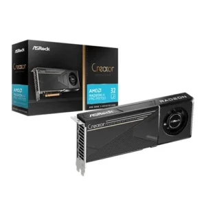 ASRock Creator Radeon graphics card shown next to its black packaging, featuring a sleek black-gray shroud and 'Creator' branding.
