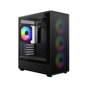 Mid-tower PC case with a tempered glass side panel and three RGB case fans glowing in rainbow colors