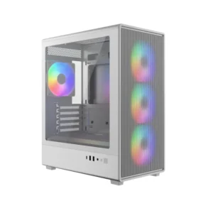 White mid-tower PC case with tempered-glass side panel and three front RGB fans displaying colorful lighting