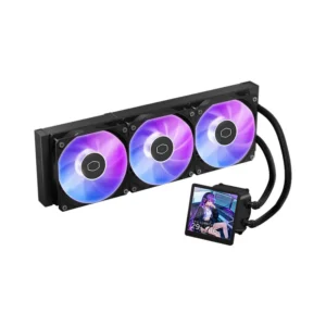 Triple-fan RGB liquid CPU cooler with a side LCD display panel showing artwork/info on the pump unit.