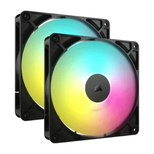 Two black square PC cooling fans with rainbow RGB lighting overlapping.