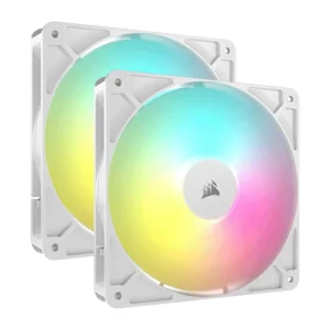 Two white RGB computer case fans with rainbow LED lighting, stacked for a dual-fan cooling setup.